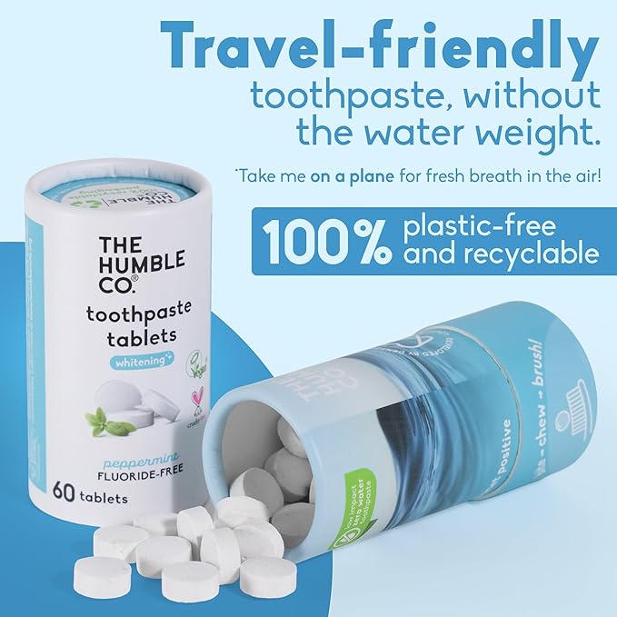 The Humble Co Teeth Whitening Chewable Toothpaste Tablets, Peppermint - Fluoride-Free Toothpaste Tabs - Bite, Chew, Brush - Travel-Friendly & Waste-Free Dental Oral Care & Hygiene - 180 Count