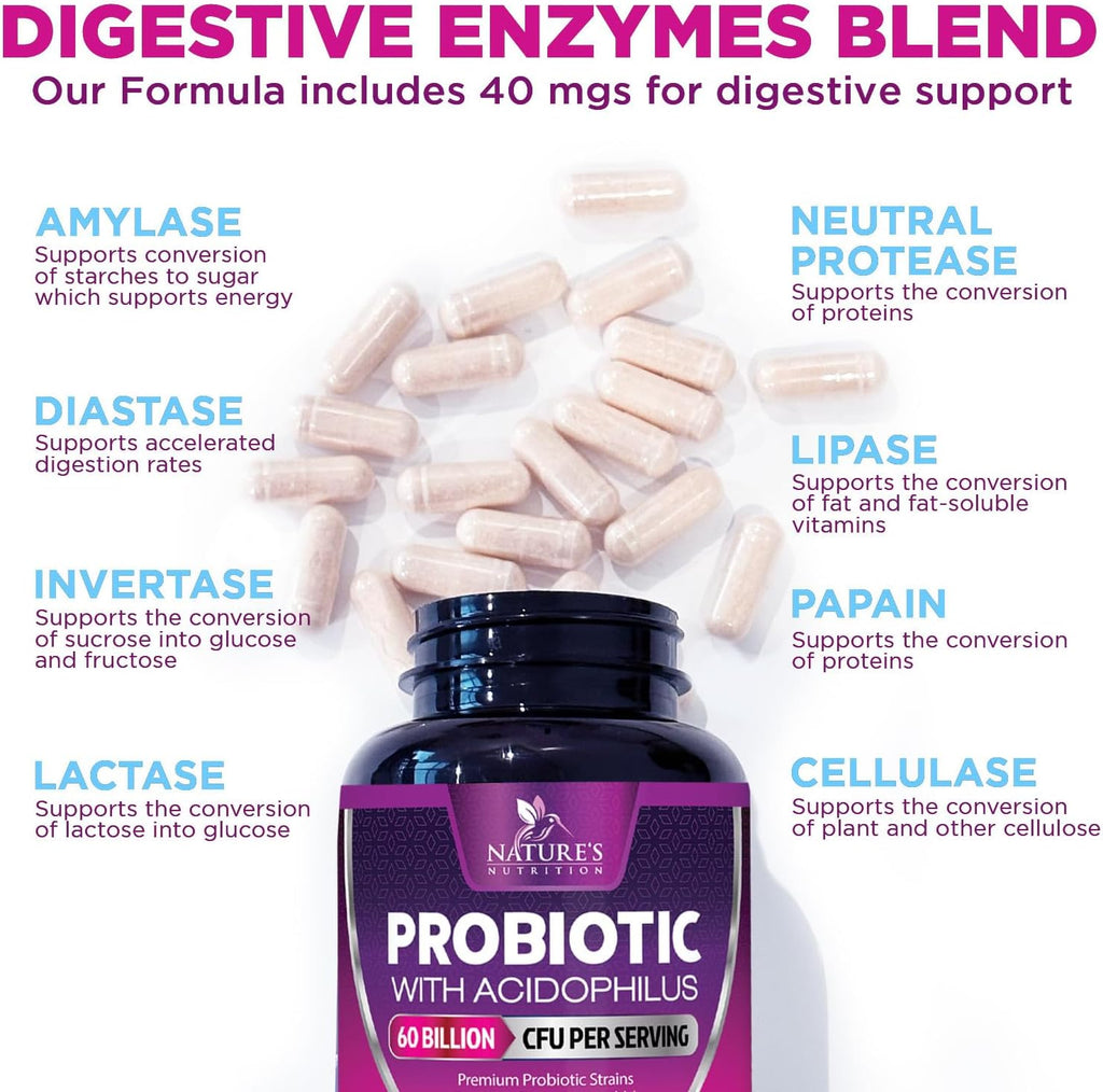 Probiotics 60 Billion CFU per Serving - 10 Strains + Prebiotics - Digestive Health, Gut & Immune Support - Supports Occasional Constipation, Gas & Bloating for Women & Men Shelf Stable - 180 Capsules