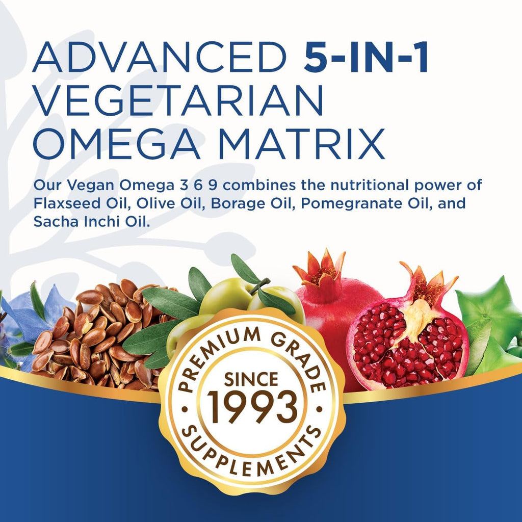 Purity Products Vegan Omega 3-6-9 Formula - “5 in 1” Essential Fatty Acid Complex - Scientifically Formulated Plant-Based Omega 3 6 9 Essential Fatty Acids (EFA) - 3 Month Supply - 180 Softgels