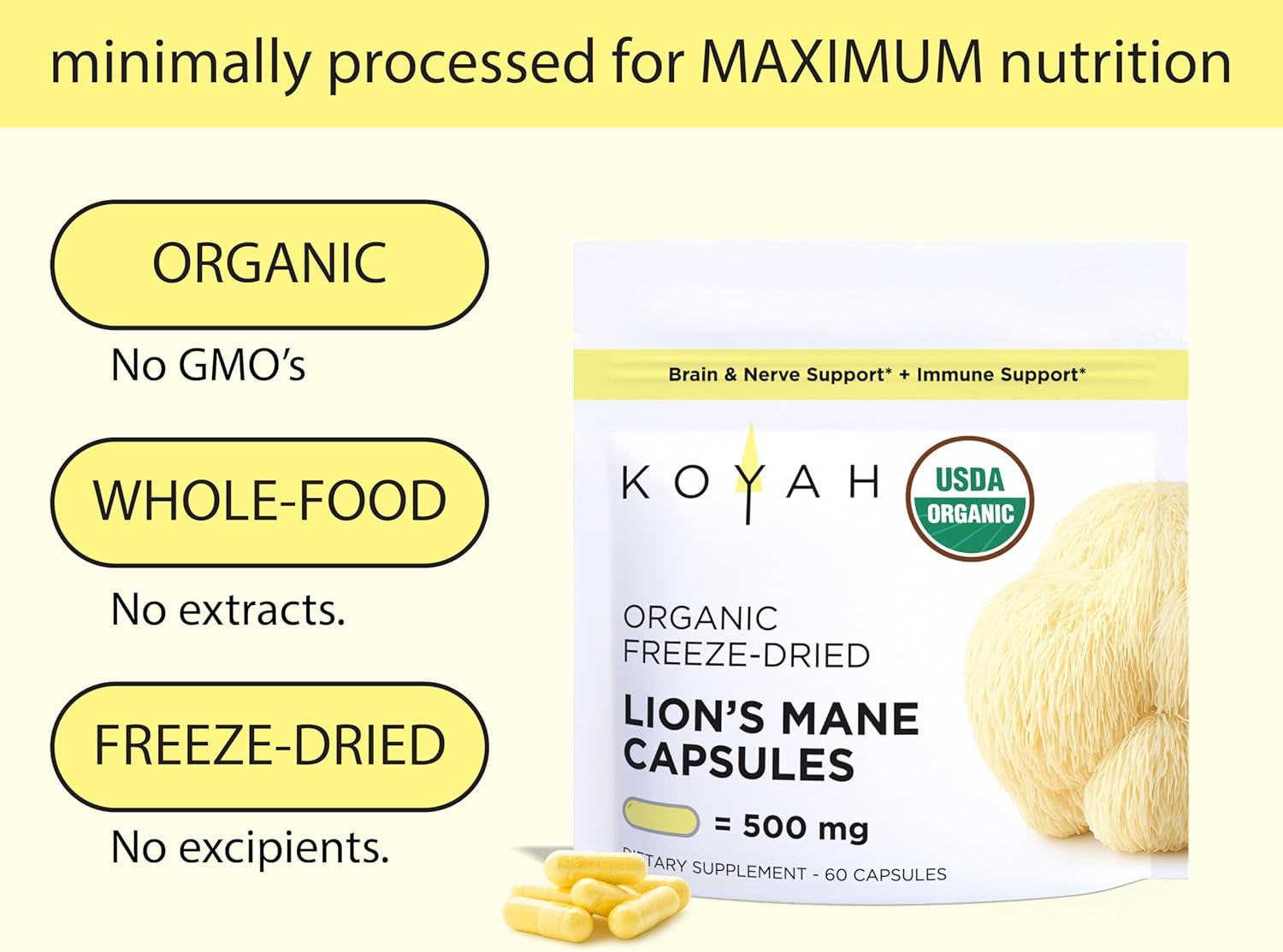 KOYAH - Organic Lion's Mane Mushroom Capsules - USA Grown, 100% Fruiting Body, Freeze-Dried, 3rd Party Tested for Beta-Glucans, 500 mg, Brain & Nerve Support. Immune Support. 60 Capsules