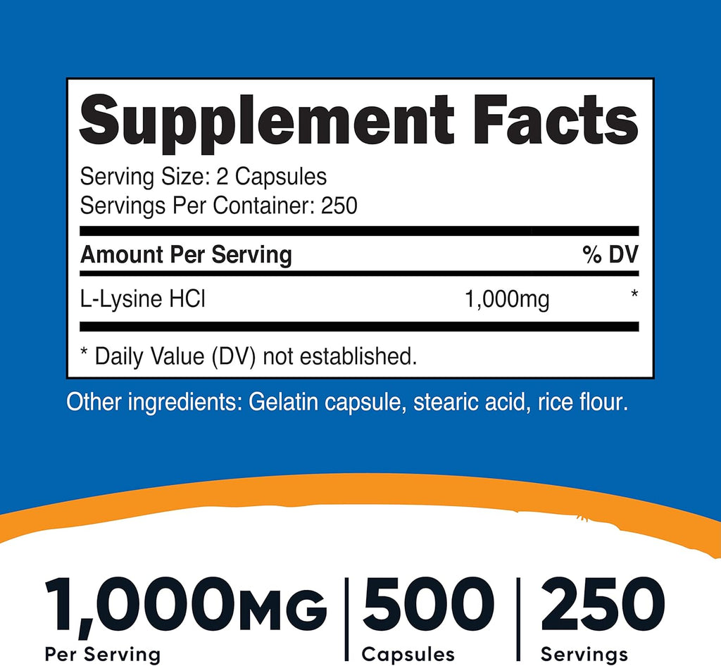 Nutricost L-Lysine 500mg (1000mg Serving), 500 Capsules (2 Bottles)