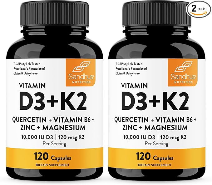 Sandhu's Vitamin D3 K2 Magnesium 10000 IU, 120mcg K2 Capsules 120 Count (Pack of 2) | with VIT B6, Zinc & Quercetin | D3K2 Supports Superior Absorption, Energy, Immune, Muscle Health for Men & Women
