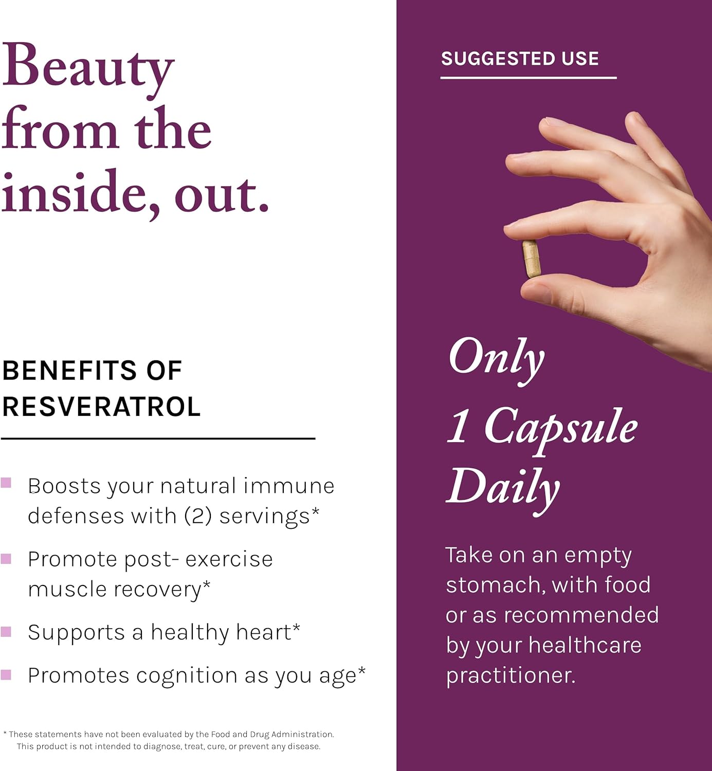 Reserveage Beauty, Resveratrol 500 mg, Antioxidant Supplement for Heart and Cellular Health, Supports Healthy Aging and Immune System, Paleo, Keto, 30 Capsules