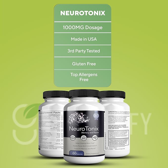 NeuroTonix Brain Support Supplement Enhance Memory & Focus Clear Brain Fog & Boost Cognitive Function 60 Natural Capsules Healthy Brain