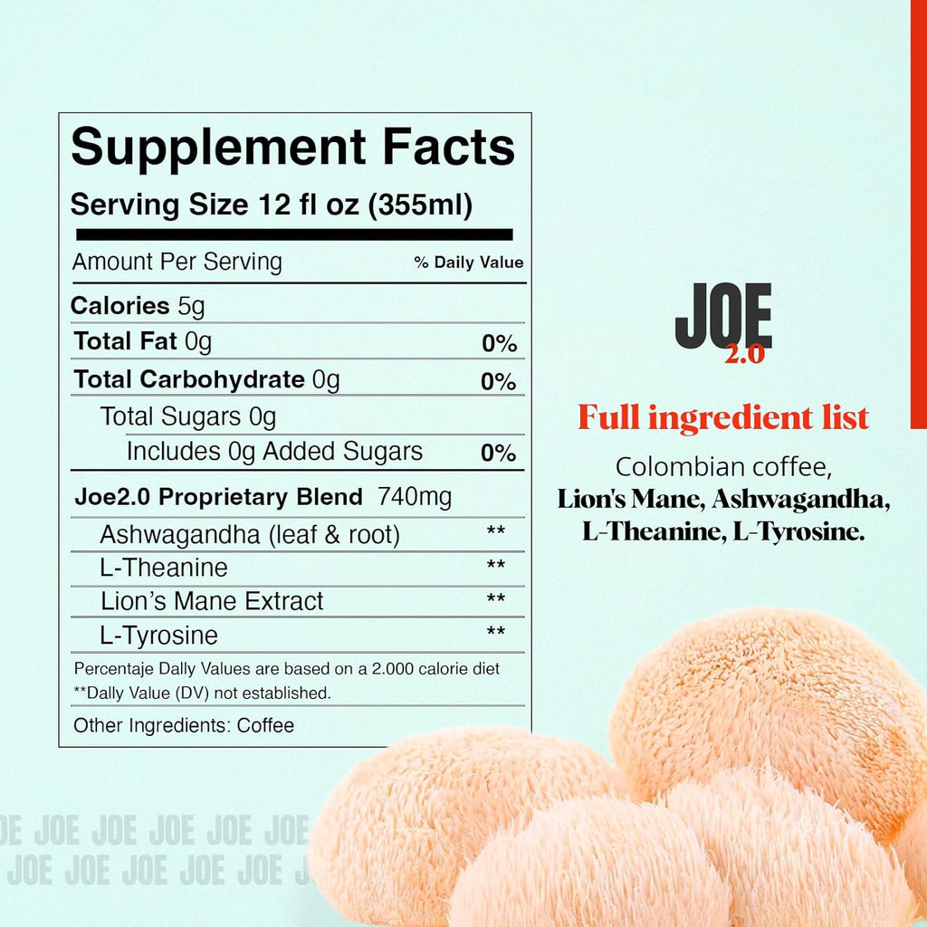 Joe 2.0 - Mushroom Coffee with Lion’s Mane & Ashwagandha – Nootropic Ground Coffee for Focus, Calm Energy & Clarity – Joe 2.0 Medium Roast – 20 Servings (11 oz)