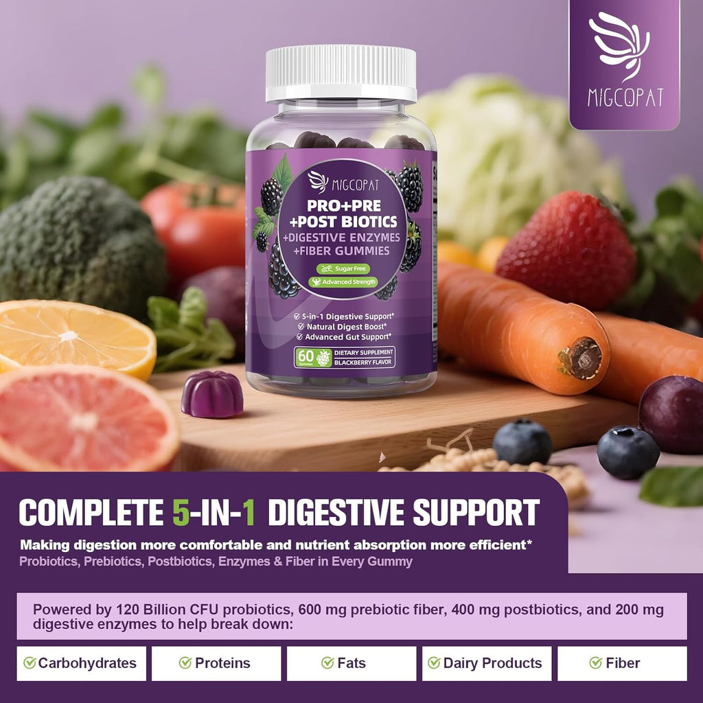Pre Post Probiotics Gummies, 5 in 1 Probiotic Prebiotic Postbiotic Digestive Enzymes with Fiber, 120 Billion CFU Probiotics for Gut Health, Sugar Free, Vegan, BlackBerry Flavor, 120 Cts