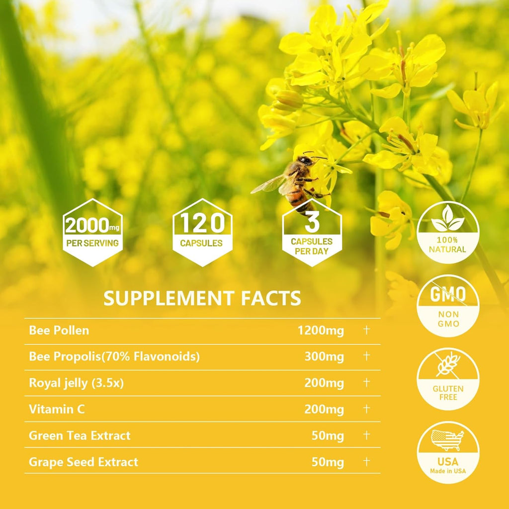 Organic 6-in-1 Bee Pollen Supplement - 2000mg Per Serving - Bee Pollen for Women & Men - Superfood for Immune & Energy Support - Non-GMO, Made in USA - 120 Capsules