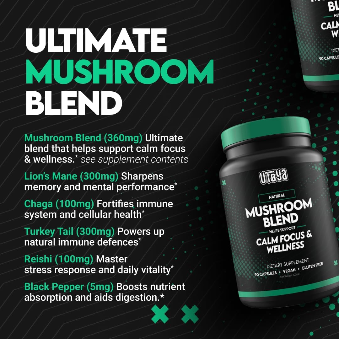 UTOYA Natural Mushroom Blend Supplements - Lions Mane Supplement Capsules with Reishi, Cordyceps, More for Calm, Focus and Wellness - Non-GMO Vegan/Gluten Free Multi Mushroom Supplement - 90 Capsules