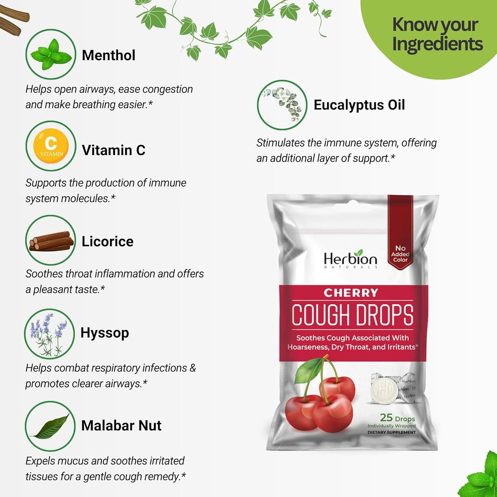 HERBION Naturals Cough Drops with Natural Cherry Flavor, Dietary Supplement, Soothes Cough, for Adults and Children Over 6 Years, 25 Drops, No Artificial Flavor, 125 Lozenges, Pack of 5
