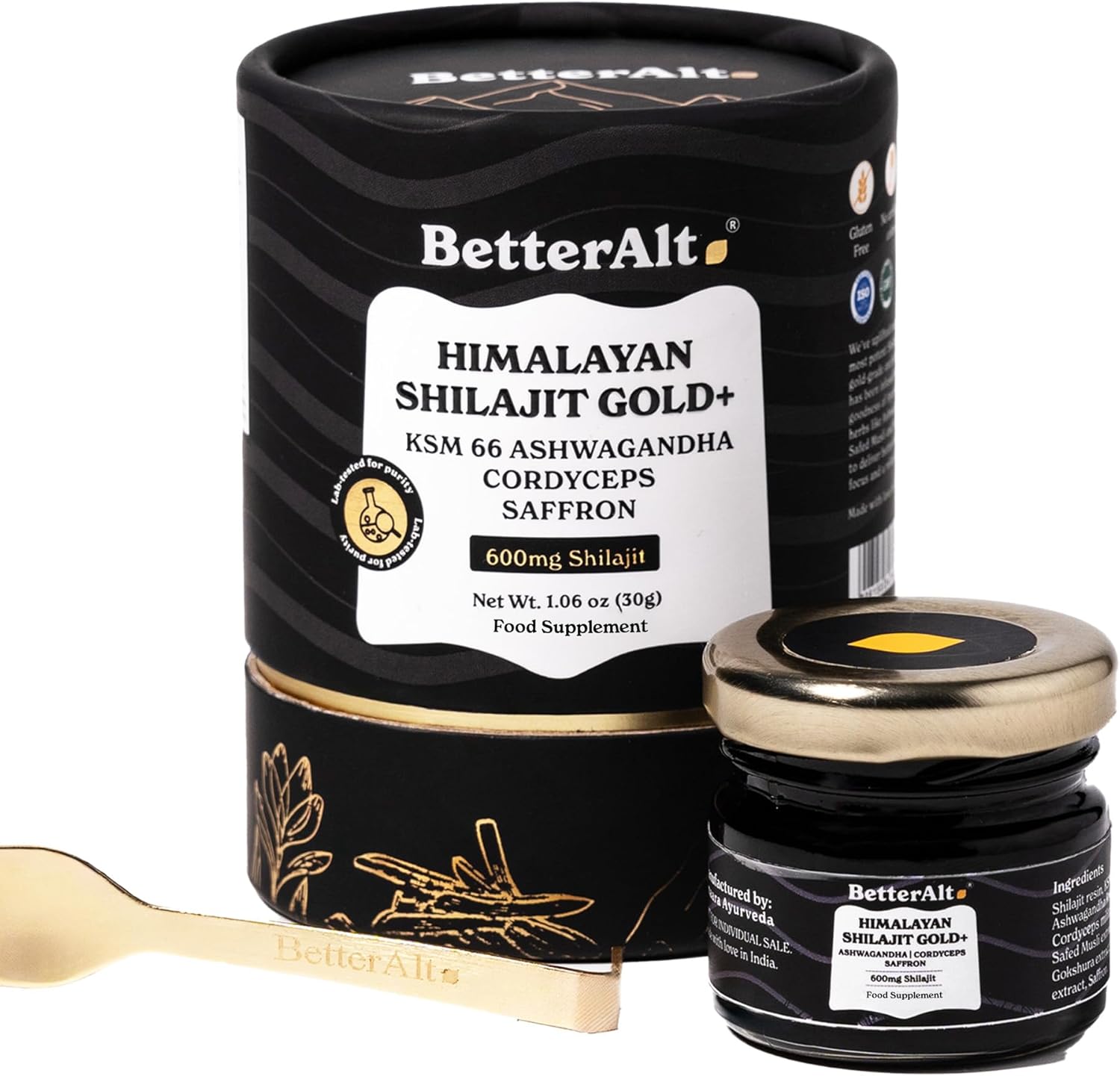 Better Alt Himalayan Shilajit Gold + with Cordyceps | with KSM 66 Ashwagandha |85+ Trace Minerals, 75% Fulvic Acid, with Lab Test Report, 600mg |for Men & Women