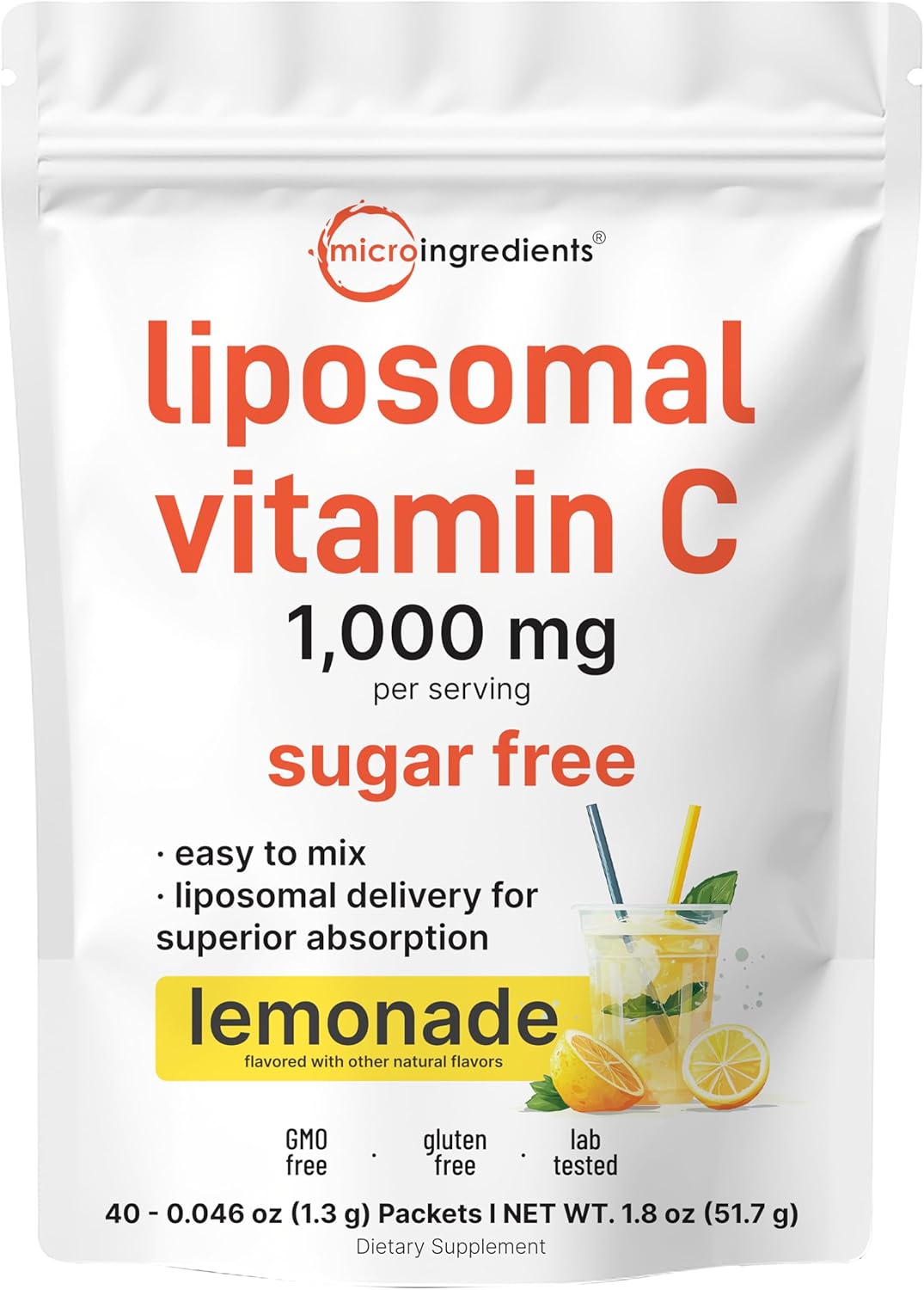 Liposomal Vitamin C 1,000mg | 40 Packets with Sugar Free Lemonade Flavor | Highly Bioavailable Fat Soluble Form | Liposomal Delivery for Superior Absorption | Antioxidants Supplement & Immune Support