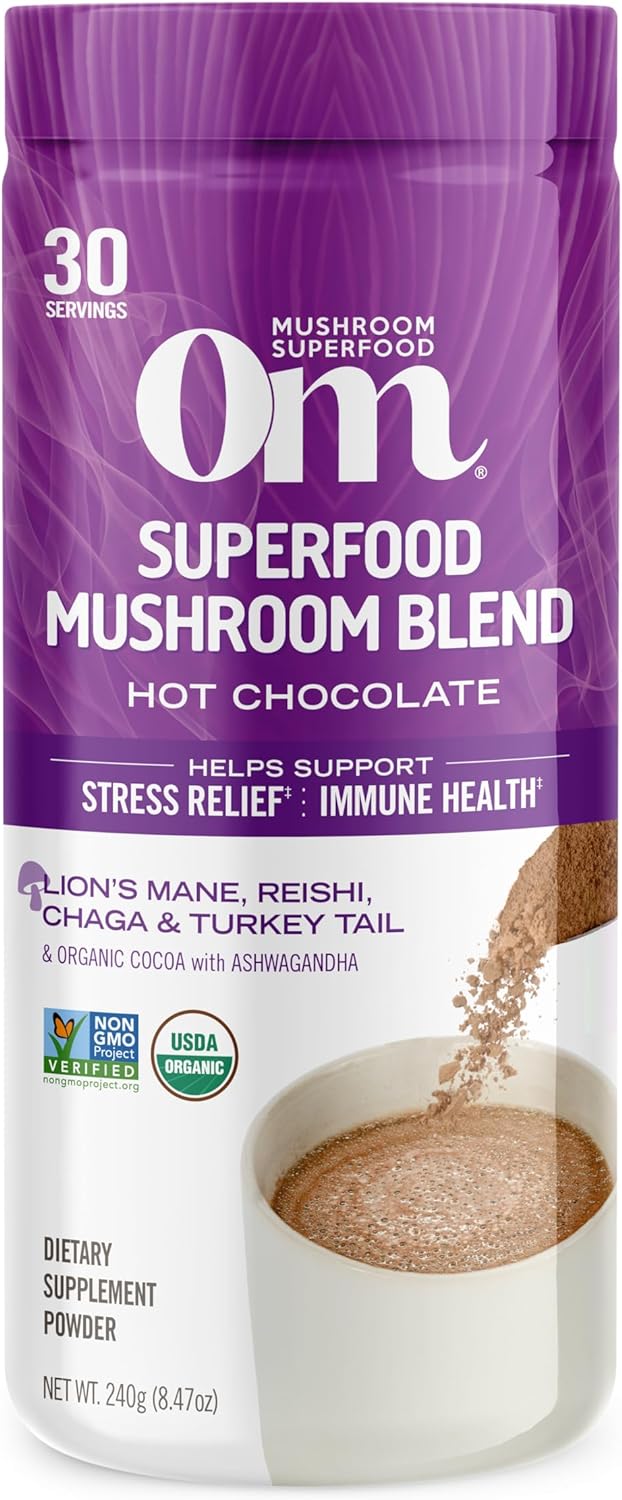 OM MUSHROOM SUPERFOOD Hot Chocolate Blend Mushroom Powder, 8.47 Ounce Canister, 30 Servings, Cocoa, 2g of Sugar, 25 Calories, Lion's Mane, Reishi, Chaga, Turkey Tail, Focus and Stress Support