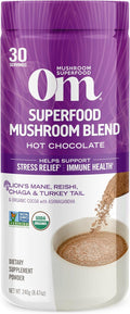 OM MUSHROOM SUPERFOOD Hot Chocolate Blend Mushroom Powder, 8.47 Ounce Canister, 30 Servings, Cocoa, 2g of Sugar, 25 Calories, Lion's Mane, Reishi, Chaga, Turkey Tail, Focus and Stress Support