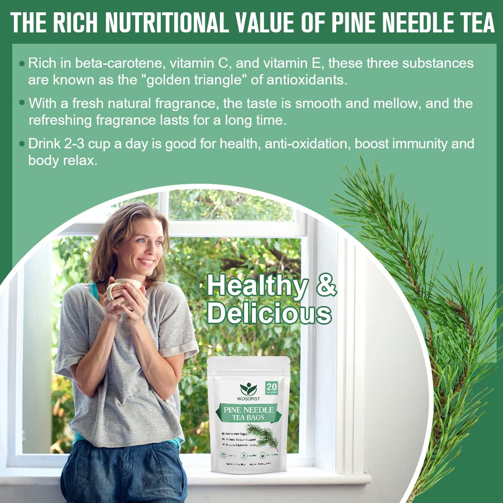 Pine Needle Tea Bags - Organic Dried Pine Needle Herbal Tea for Immune Support & Antioxidant, Caffeine Free, Natural Suramin, 20 Tea bags