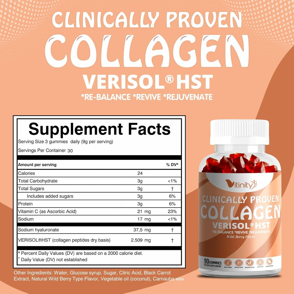 VITINITY VERISOL® HST+HA+VIT C Collagen Hard Chewy Gummies Clinically Proven Beauty.Firmer,Smoother Skin,Fewer Wrinkles,Reduced Cellulite.True Beauty from Within.The Look-Good Feel-Good -30 Day Supply