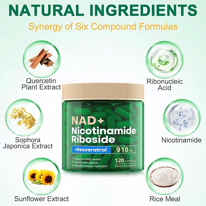 NAD Supplement 120 Capsules, Liposomal Nicotinamide Riboside, Resveratrol, Quercetin, NAD Nicotinamide Riboside Resveratrol 910mg for Women & Men, NAD Supplement for Anti Aging and Cell Regeneration