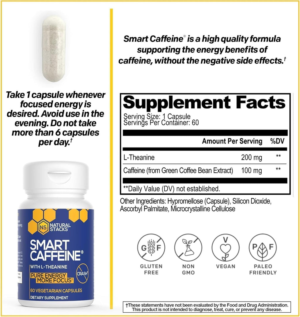 NATURAL STACKS Smart Caffeine Pills - 100mg Caffeine + 200mg L-Theanine Supplement - Supports Energy and Focus - No Jitters and No Crash - 60 Capsules