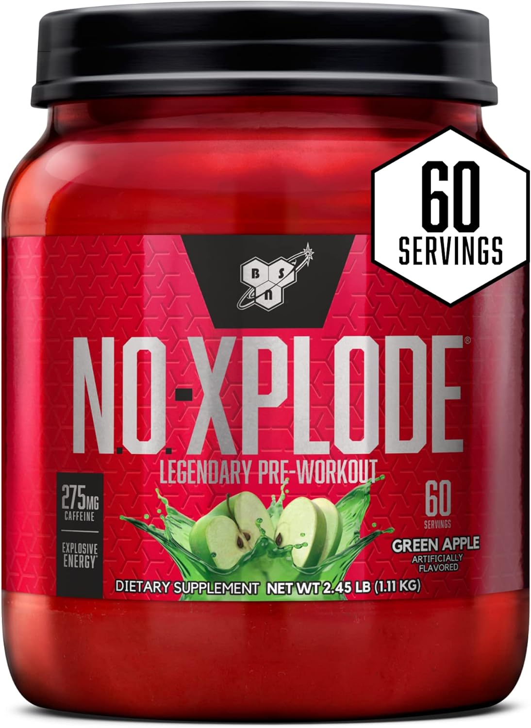 BSN N.O.-XPLODE Pre Workout Powder, Energy Supplement for Men and Women with Creatine and Beta-Alanine, Flavor: Green Apple, 60 Servings