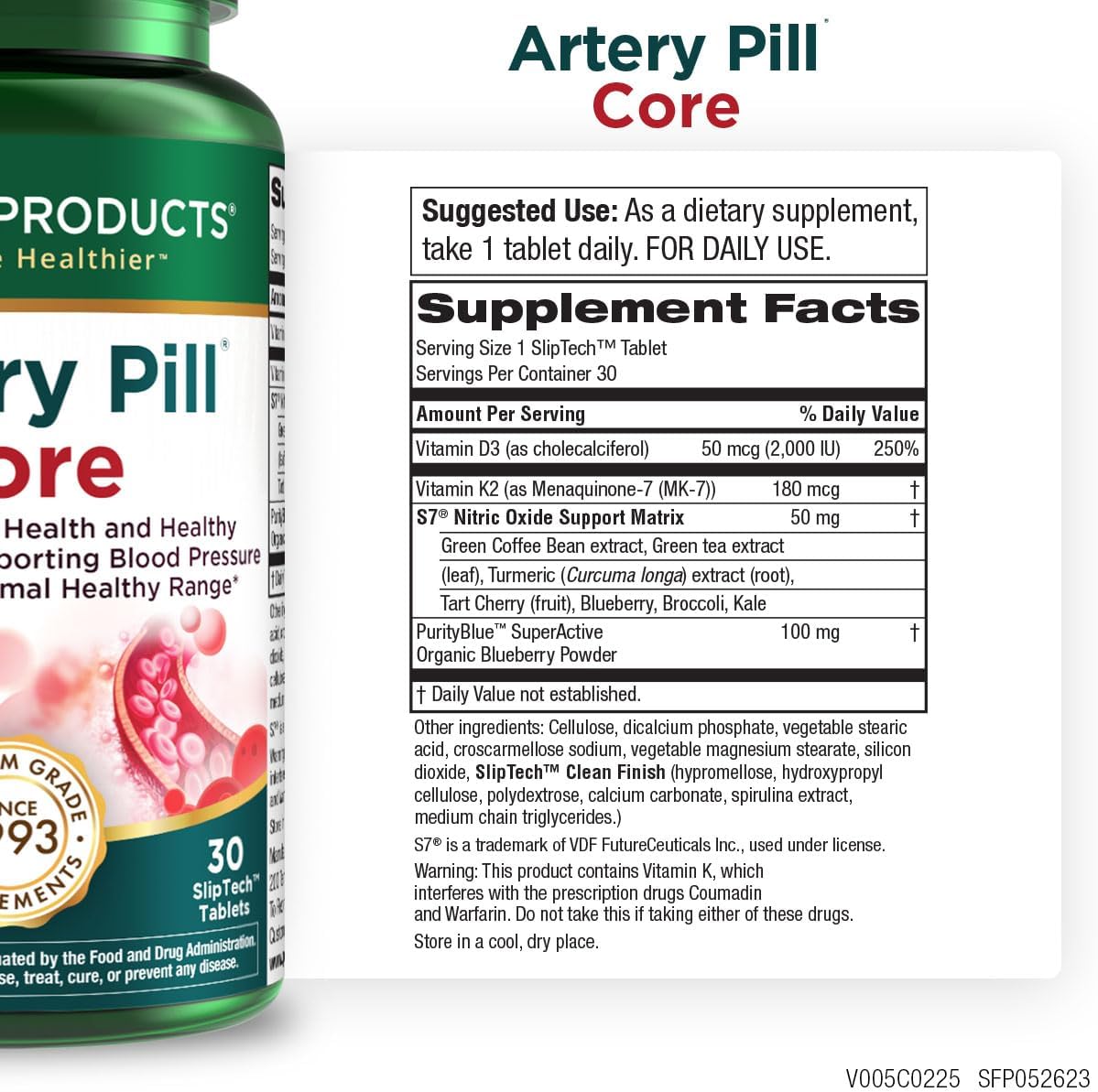 Purity Products Artery Pill Core from MK-7 Vitamin K2, Plant-Based S7 Nitric Oxide Booster, Vitamin D3, Organic Blueberries - Promotes Arterial Health & Cardiovascular Function - 30 Count