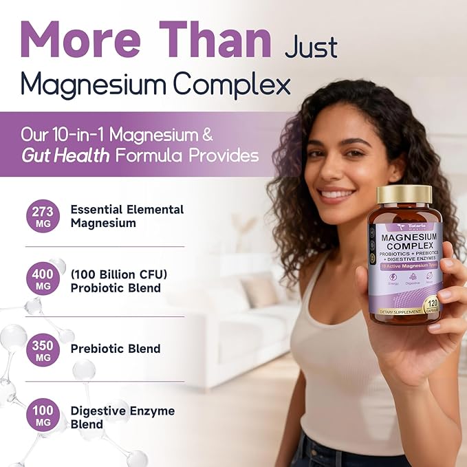 10-in-1 Magnesium Complex Supplement with Probiotics Prebiotics & Digestive Enzymes, 100 Billion CFU Probiotics for Women, Daily Probiotic for Immune, Sleep Calm, Gut & Digestive Health, Vegan Non-GMO