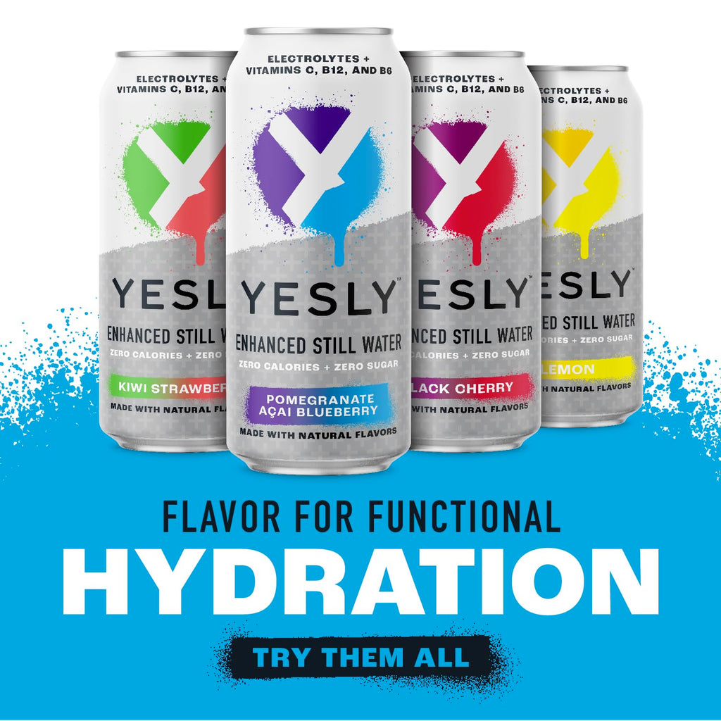 Yesly Functional Water, Pomegranate Acai Blueberry, Naturally Flavored Still Water with Electrolytes, Magnesium, Potassium, Vitamin C, B6 & B12, Zero Sugar, No Artificial Sweeteners, 16 Fl Oz Cans, 12 Pack
