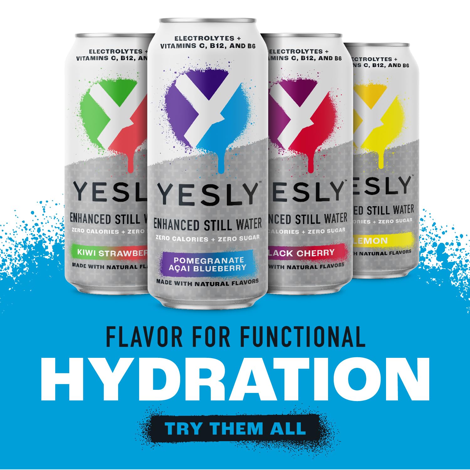 Yesly Functional Water, Pomegranate Acai Blueberry, Naturally Flavored Still Water with Electrolytes, Magnesium, Potassium, Vitamin C, B6 & B12, Zero Sugar, No Artificial Sweeteners, 16 Fl Oz Cans, 12 Pack