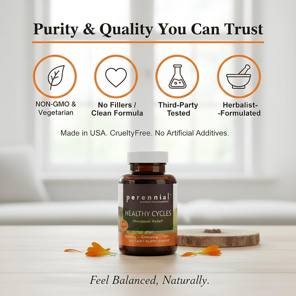 Perennial Healthy Cycles – PMS and Period Relief Supplement with Vitex, Dong Quai, and Raspberry Leaf – Supports Menstrual Balance and Comfort – Natural Formula for Women’s Cycle Health – 120 Capsules