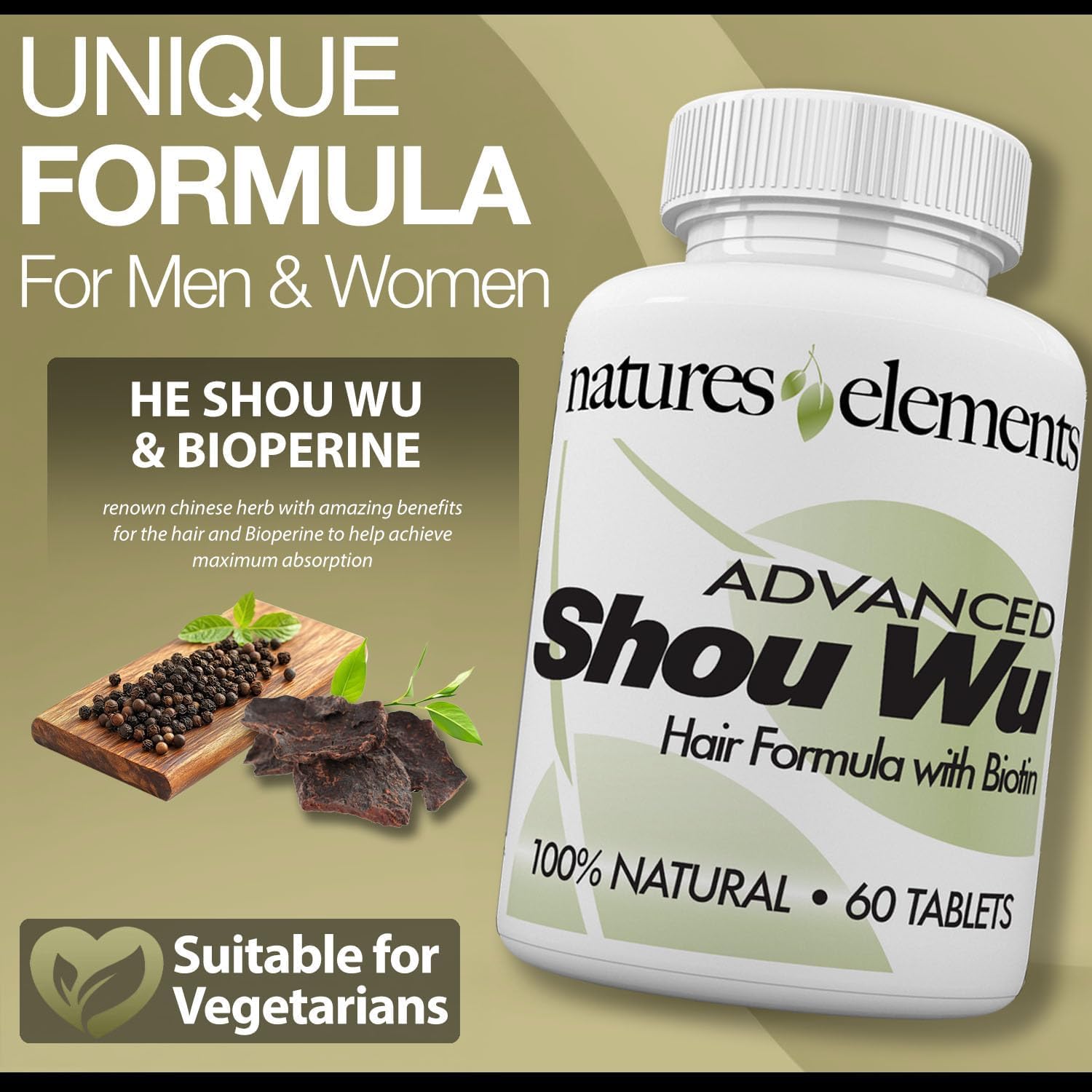 Natures Elements Advanced Shou Wu for Gray Hair – Prepared He Shou Wu for Hair Growth with Biotin, Bioperine, Fo-Ti Root & More – 100% Natural – 60 Tablets – Pack of 3 - Non-GMO, Gluten-Free