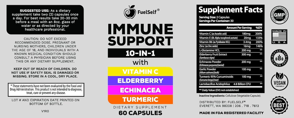 Immune Support Booster Supplement with Elderberry, Vitamin C, Echinacea, Turmeric Curcuminoids, Vitamin E, Vitamin B6, Zinc, L-Glutamine HCL, Garlic, Lactobacillus Acidophilus :: 60 Count, 1 Pack