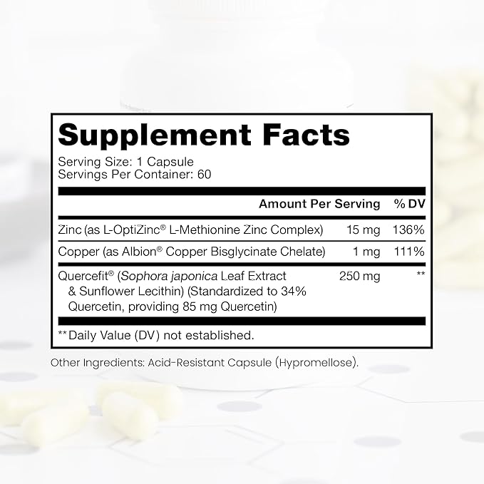 Zinc Defense | Zinc + Copper + Quercetin | 60 Servings in Vegan Capsules | L-OptiZinc & Quercefit Ionophore | Chelated Minerals | Immune, Gut, & Hormonal Balance Support