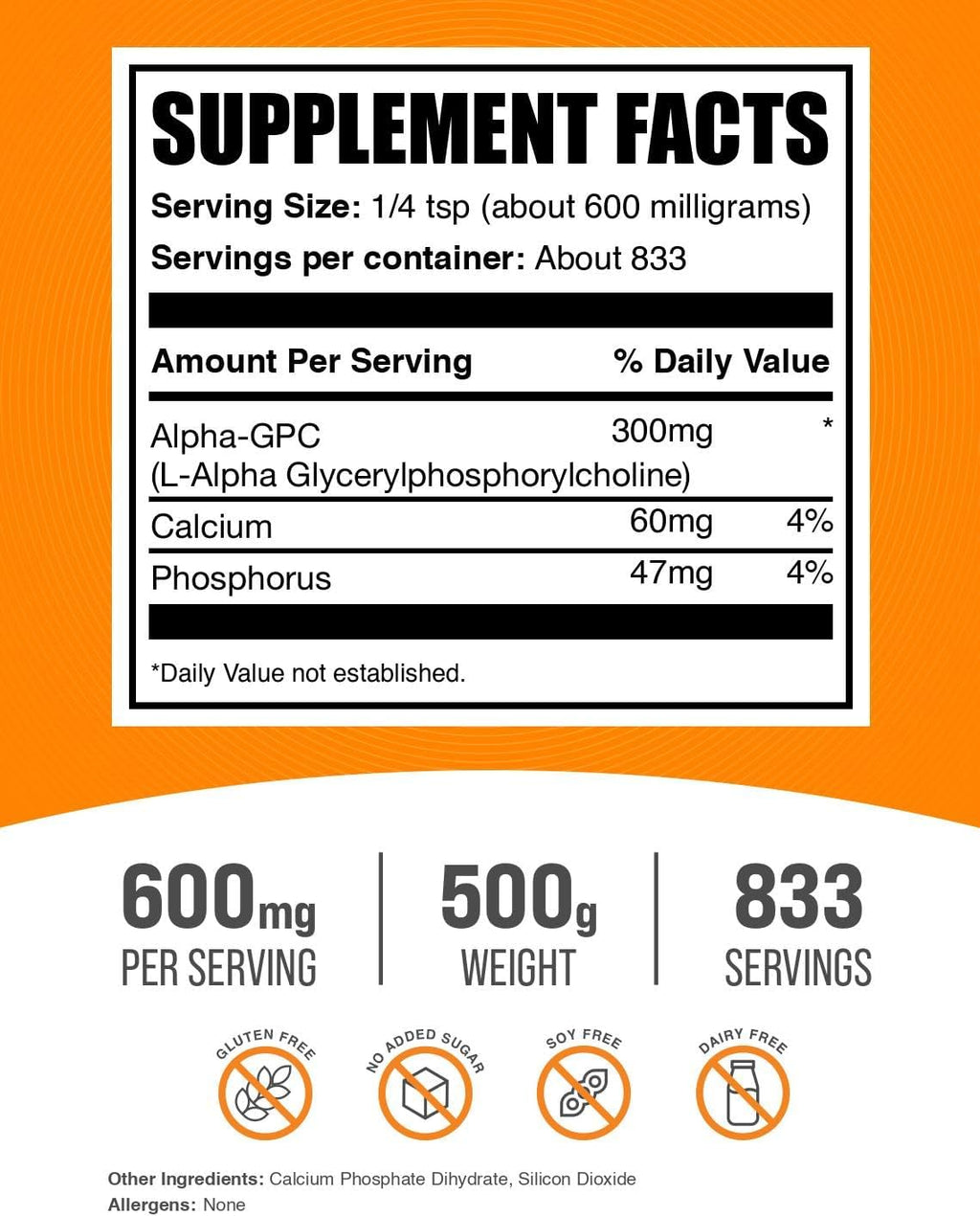 BulkSupplements.com Alpha GPC Powder - Choline Supplements, Alpha GPC 300mg - Unflavored & Gluten Free, 600mg per Serving, 500g (1.1 lbs) (Pack of 1)