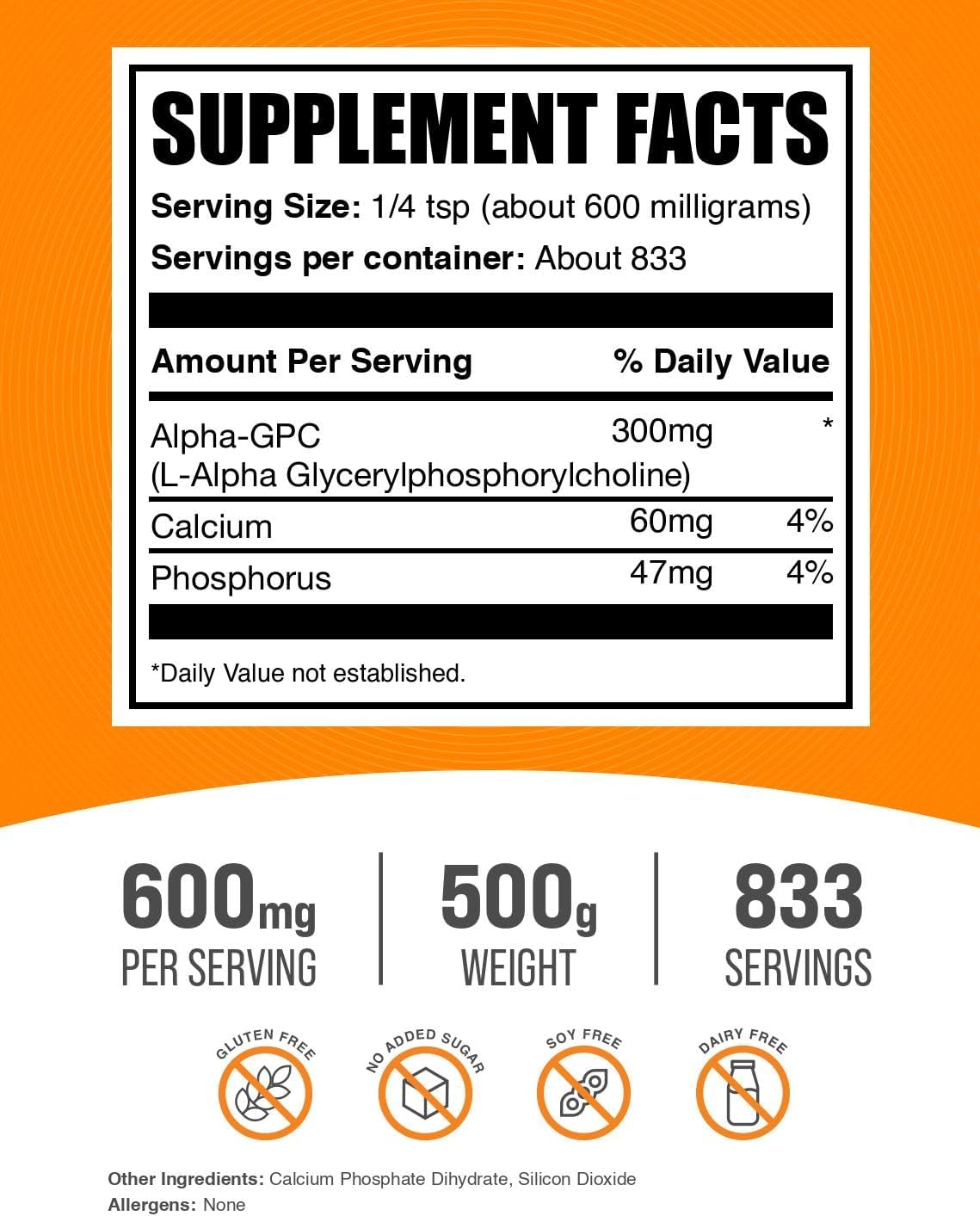 BulkSupplements.com Alpha GPC Powder - Choline Supplements, Alpha GPC 300mg - Unflavored & Gluten Free, 600mg per Serving, 500g (1.1 lbs) (Pack of 1)