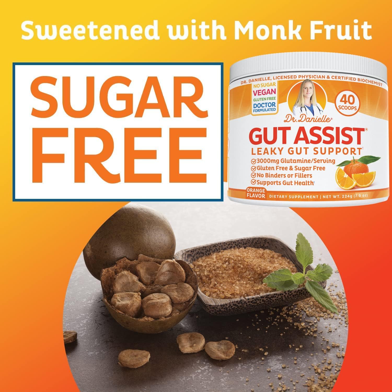 Doctor Danielle Gut Assist - Leaky Gut Repair Supplement Powder, Glutamine, Arabinogalactan, Licorice Root - Supports IBS, Heartburn, Bloating, Gas, Constipation, SIBO from, Orange Flavor