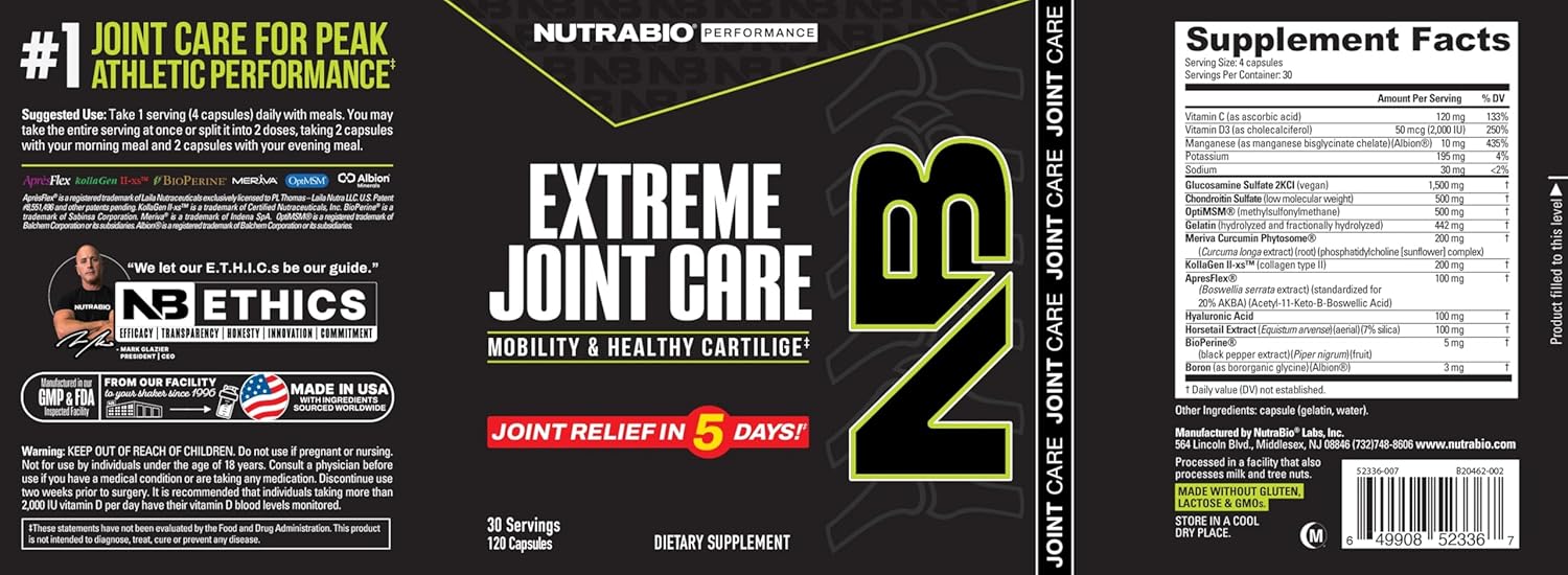 NutraBio Extreme Joint Care - Joint Support Supplement for Joint Relief, Pain-Free Movement - Joint Health Supplement, Supports Joints, Mobility, and Cartilage - 120 Capsules