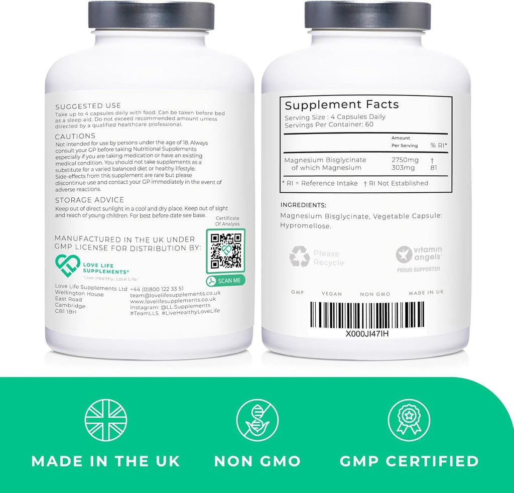 Magnesium Glycinate (Bisglycinate) | Chelated Magnesium Supplements | 2750mg (303mg Magnesium) | 240 Capsules / 60 Servings | Highly Bioavailable | Made in UK - GMP Certified | Love Life Supplements