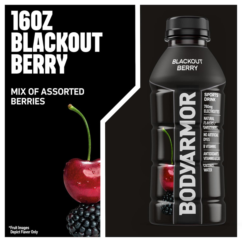 BODYARMOR Sports Drink Sports Beverage, Blackout Berry, Coconut Water Hydration, Natural Flavors With Vitamins, Potassium-Packed Electrolytes, Perfect For Athletes, 16 Fl Oz (Pack of 12)