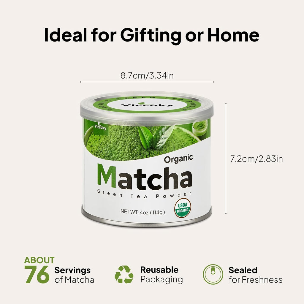 Viccoky Organic Matcha Green Tea Powder 4oz (Tin) | 100% Pure | No Sugar | Additive-Free | Culinary Grade Green Tea Powder for Lattes, Baking and Smoothies