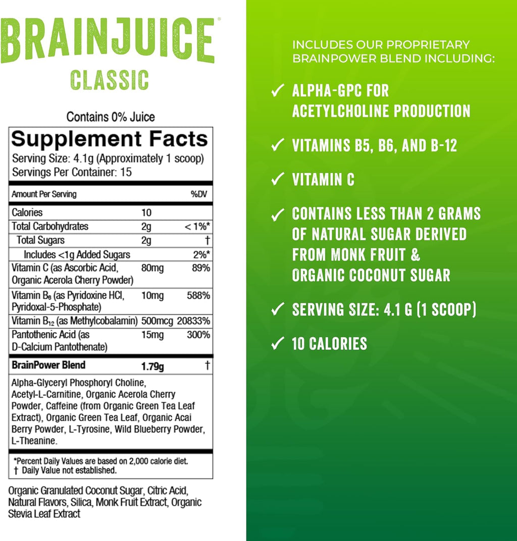BrainJuice Nootropics Brain Support Supplement, Gluten Free Powder for Energy and Focus, Drink Mix with L Theanine, Alpha GPC, Vitamin B, Organic Green Tea Extract Caffeine, Classic, 15 Servings