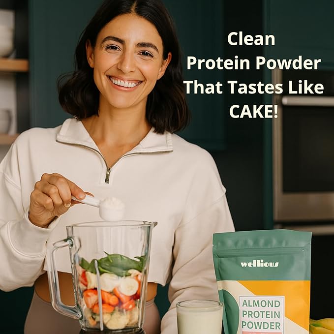 wellious Almond Protein Powder (Chocolate) - 18 Grams of Pure Healthiest Vegan Protein for Women & Men - Perfect Gluten-Free, Soy-Free & Smooth Gut Friendly Protein Powder for Sports Nutrition