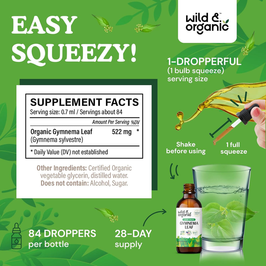Wild & Organic Gymnema Sylvestre Extract Drops - Sugar-Free Gymnema Supplement for Overall Support - Gurmar Leaf Extract Tincture - Vegan, Alcohol-Free Liquid Drops - 2 fl oz