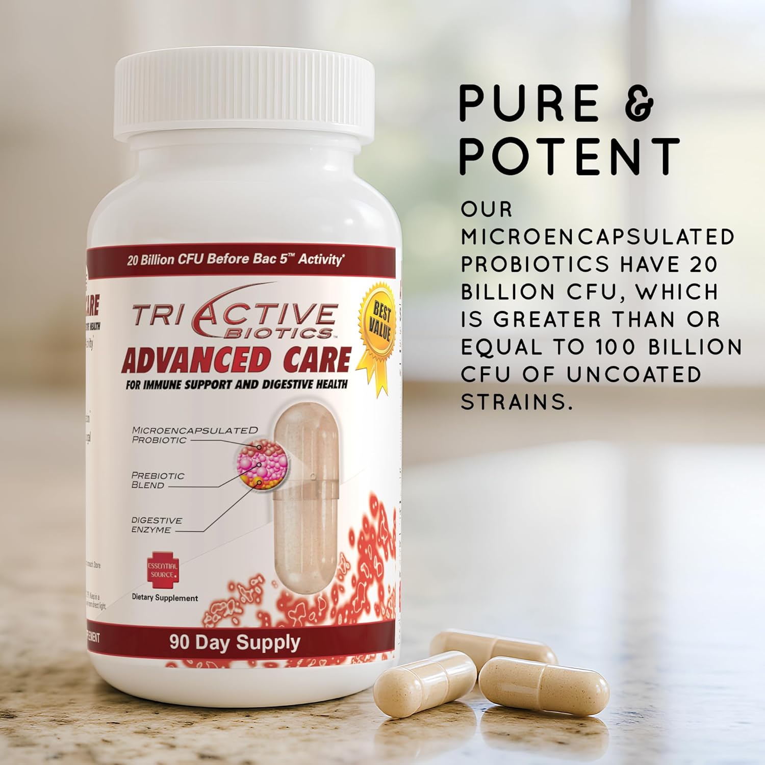 TriActive Biotics Advanced Care - 20 Billion CFU Probiotics for Digestive Health, Immune Support Supplement, Microencapsulated Probiotics for Women & Men, 90 Ct Capsules