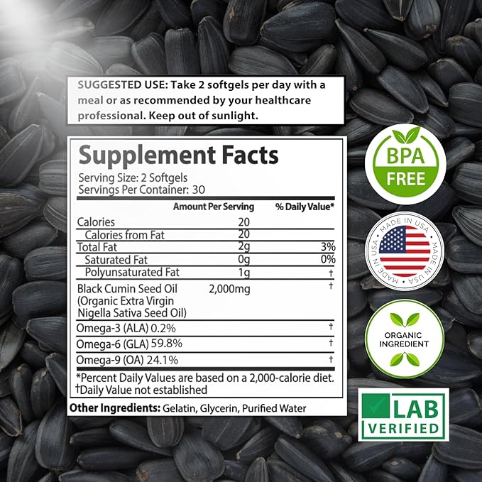 Organic Turkish Black Seed Oil Capsules, Premium Cold Pressed, High TQ, 1 Month Supply, Non-GMO Black Cumin Nigella Sativa Oil for Immune Support, Joint, Digestive Health, 1000mg per Capsule, 60ct