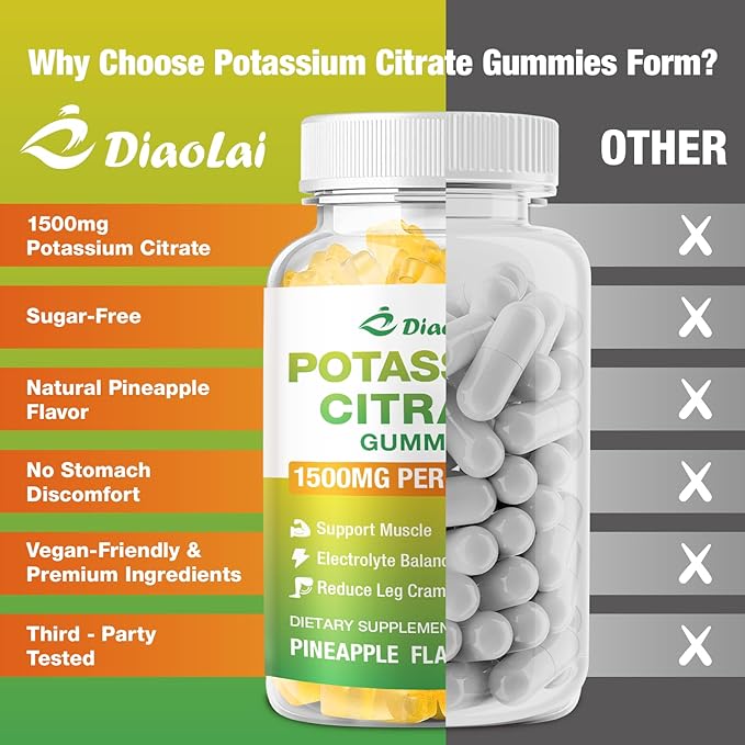 Potassium Citrate 1500mg Gummies - Potassium Supplement for Women & Men, Supports Leg Cramp Relief & Muscle Health, Vegan, Pineapple Flavor (60 Count)