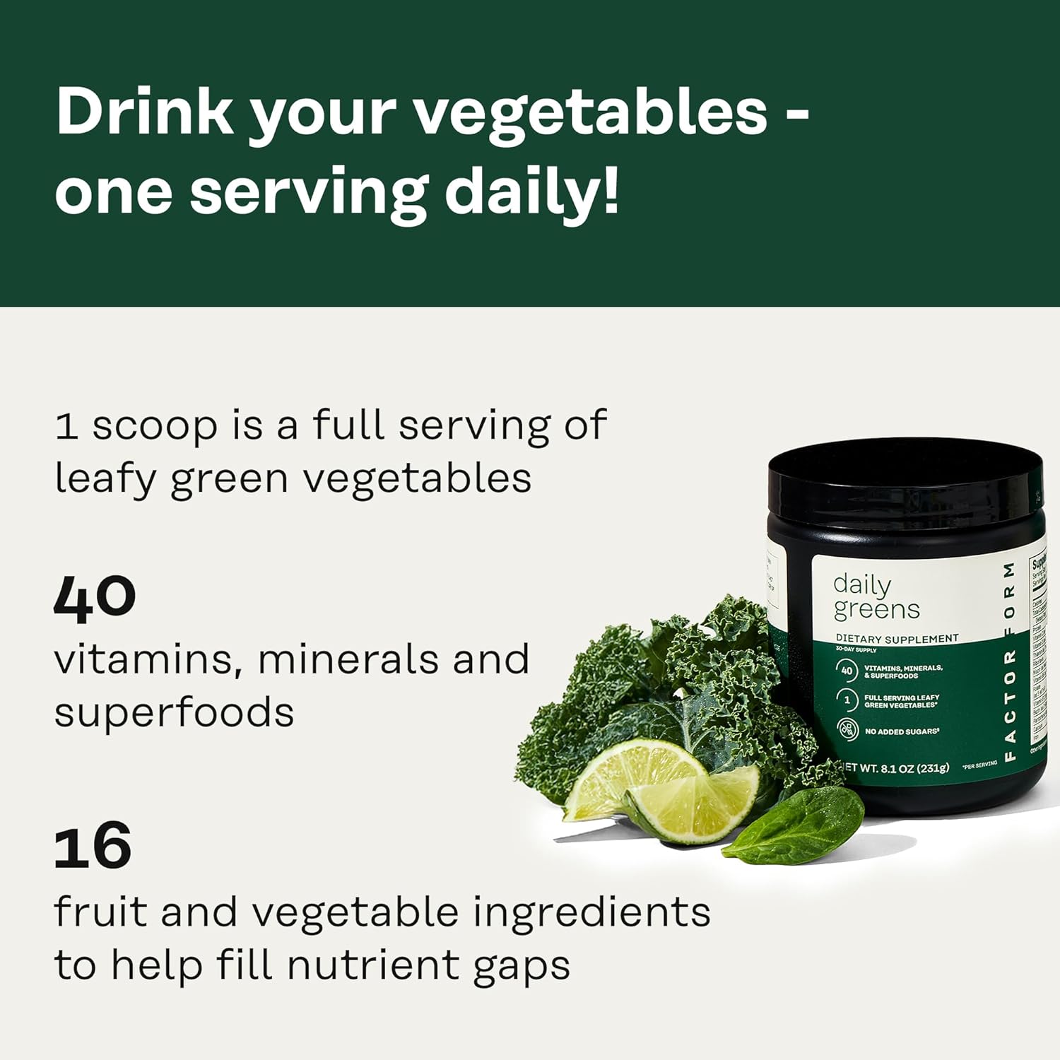 FACTOR FORM Daily Greens Superfood Powder | 5 Functional Blends for Gut Health, Energy & Immunity | Prebiotics, Probiotics, Adaptogens, B Vitamins (30 Servings, Jar)