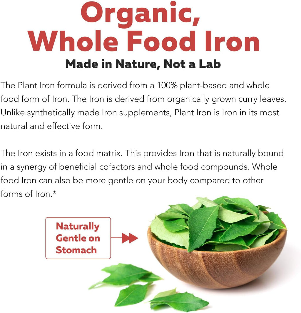 Organic Iron Supplement | Whole Food Iron & Cofactors, 25 mg Elemental Iron | Enhanced Absorption Plus Blood Builder Vitamins - Gentle Form - Support Healthy Iron Level & Blood Health - 90 Capsules