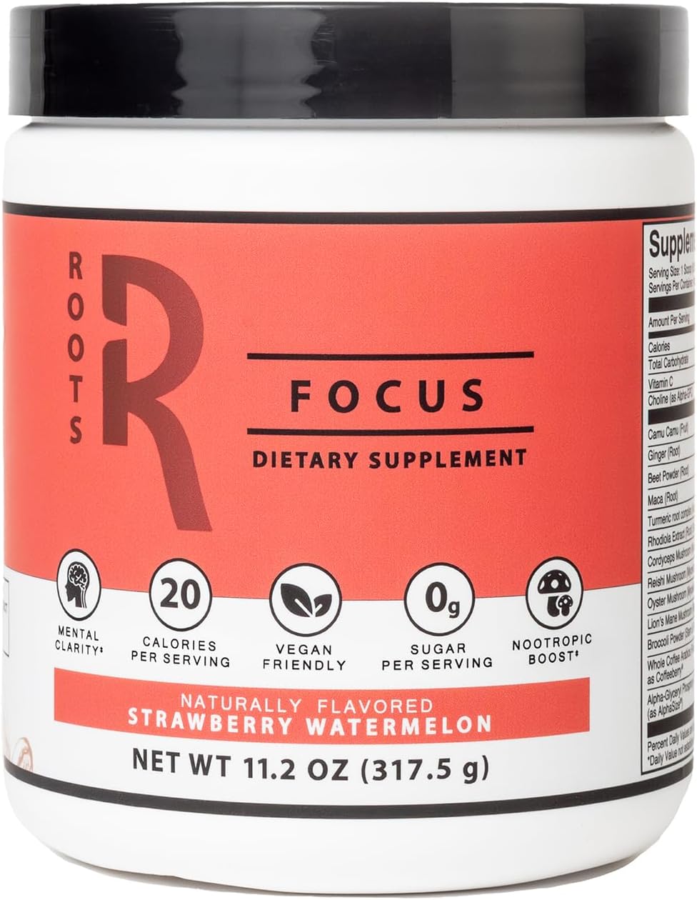Roots Focus Nootropic Brain Supplement - Strawberry Watermelon, Blend of Lion's Mane, Cordyceps, & Reishi Functional Mushrooms + Extended-Release Caffeine, 50 Servings