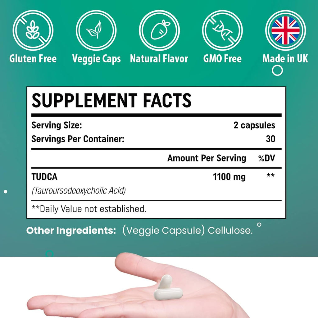 TUDCA 1100mg-Liver Support Supplement for Detox Cleanse, Water-Soluble Bile Salts with Strong Bitter Taste, 120 Vegan Capsules,Non-GMO,Gluten-Free