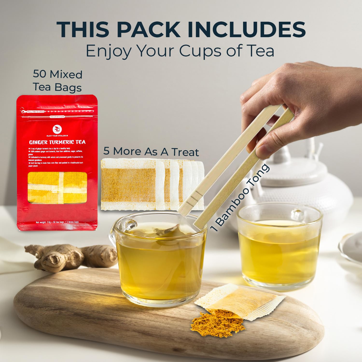 Ginger Tea Bags - 55 Count (+5 Tea Bags) Bamboo Tong Included - 4.16 oz, Re-Steep Herbal Tea Blend, Stimulates Appetite, Promotes Healthy Digestion & Boosts Immunity