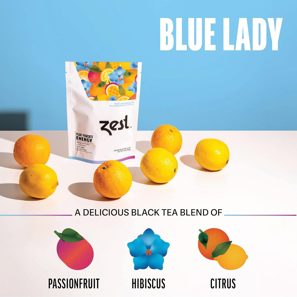 Zest 150mg High Caffeine Energy Loose Leaf Blend - Blue Lady Black Tea - 4 Oz - Hot or Iced - All Natural Strong Flavored Healthy Coffee Alternative Highly Caffeinated Substitute - Perfect for Keto