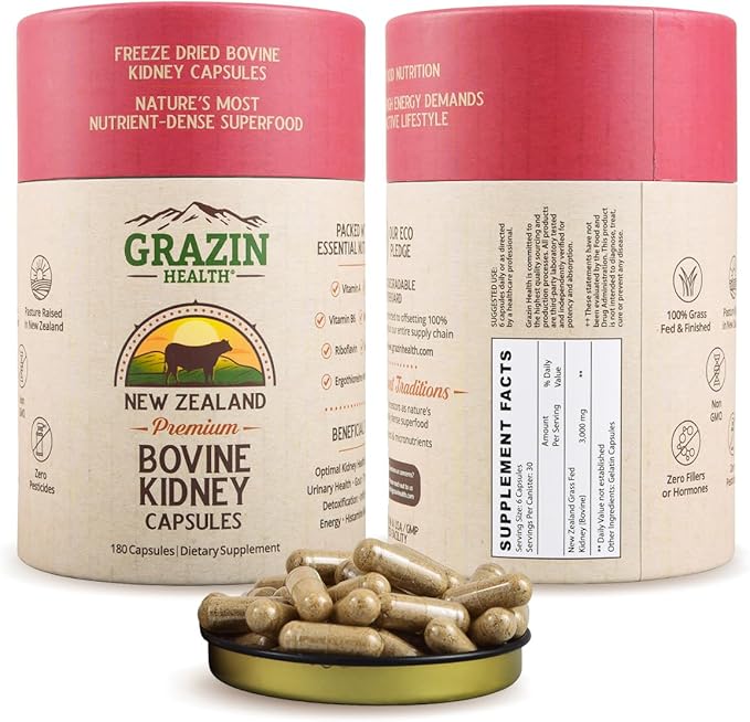 Grass Fed Bovine Kidney Capsules 3000mg | Whole Food Kidney Support Supplement from Pasture-Raised New Zealand Beef Organs | Non-GMO, Hormone-Free, Nutrient-Dense, 30 Servings